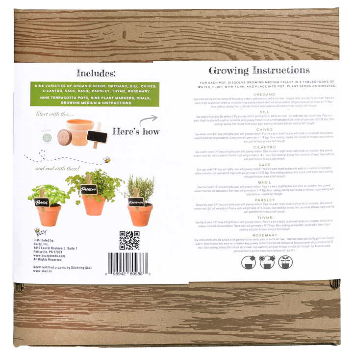 Buzzy Seeds Grow Gifts Organic Herb Starter Kit - Garden Workshop Kit | 9 Herbs