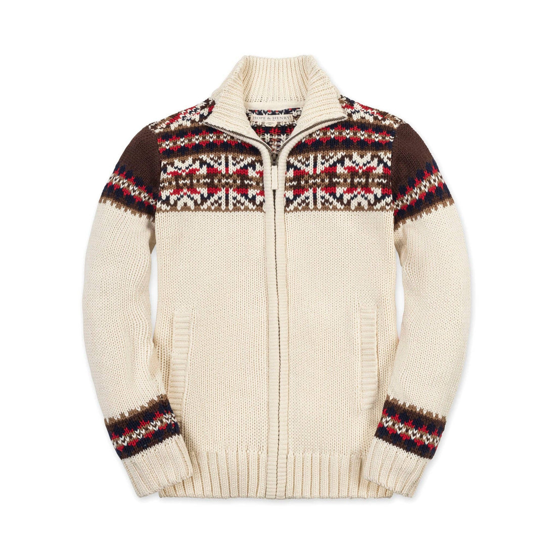 Hope And Henry Organic Full Zip Mock Neck Sweater - Ivory Fireside Geo