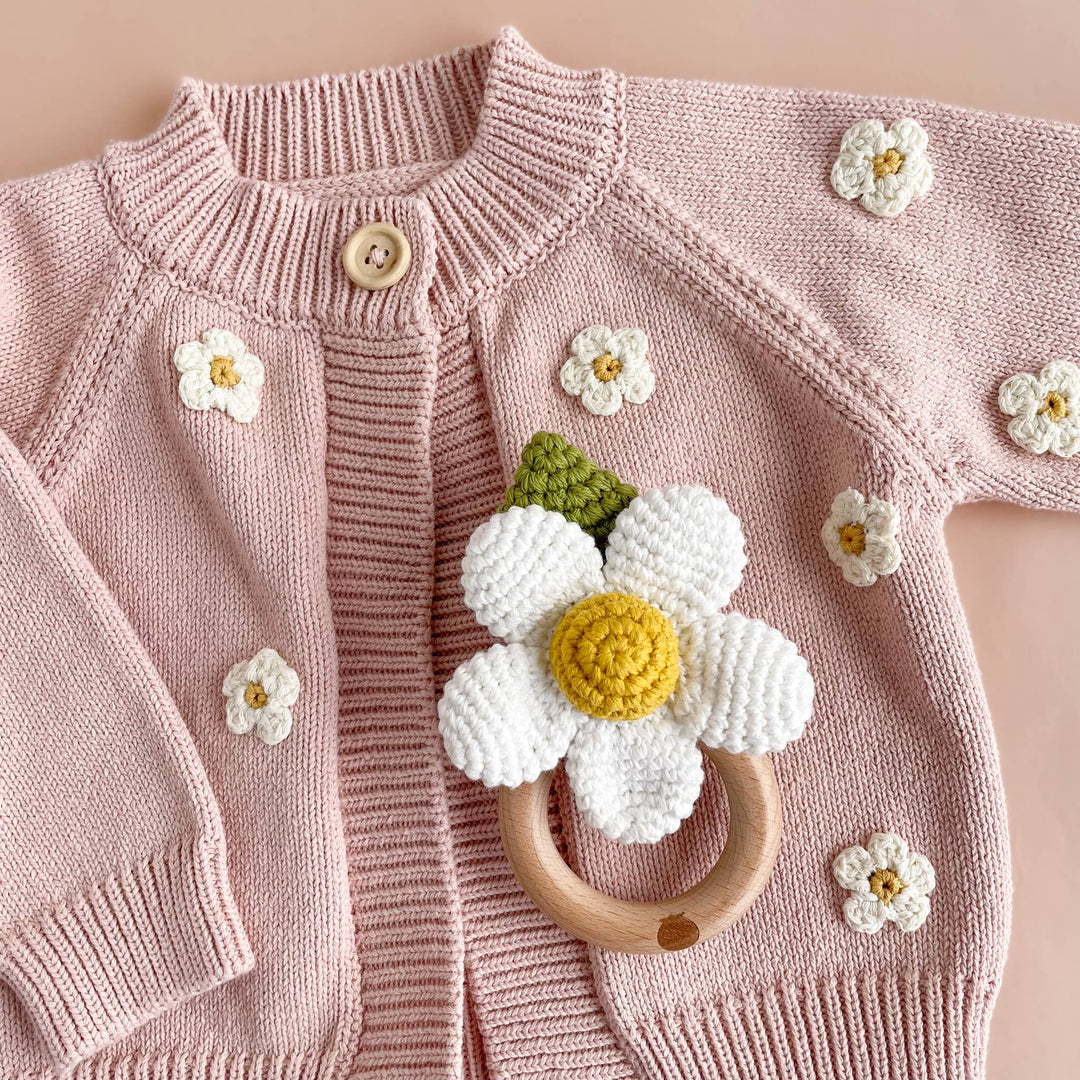 The Blueberry Hill Teether + Rattle - White Flower Crochet