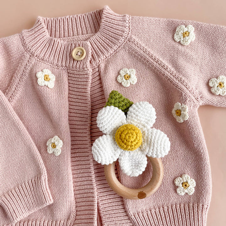 The Blueberry Hill Teether + Rattle - White Flower Crochet