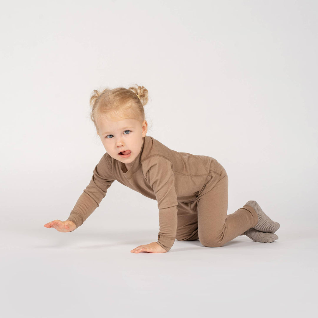 Menique Merino Wool Top & Thermal Pants 2-Piece Set for Kids Beige