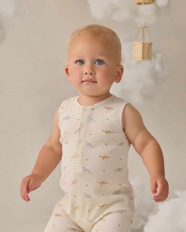 Quincy Mae Ribbed Henley Romper - Dinos