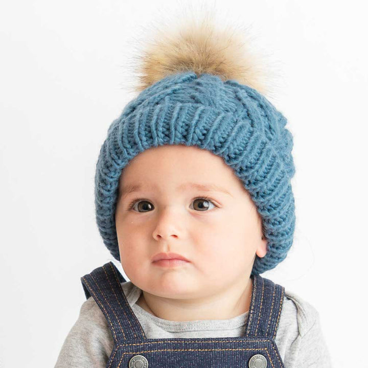 Huggalugs Slate Blue Pop Pom Pom Beanie Hat Baby & Kids