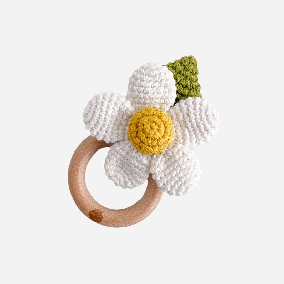 The Blueberry Hill Teether + Rattle - White Flower Crochet