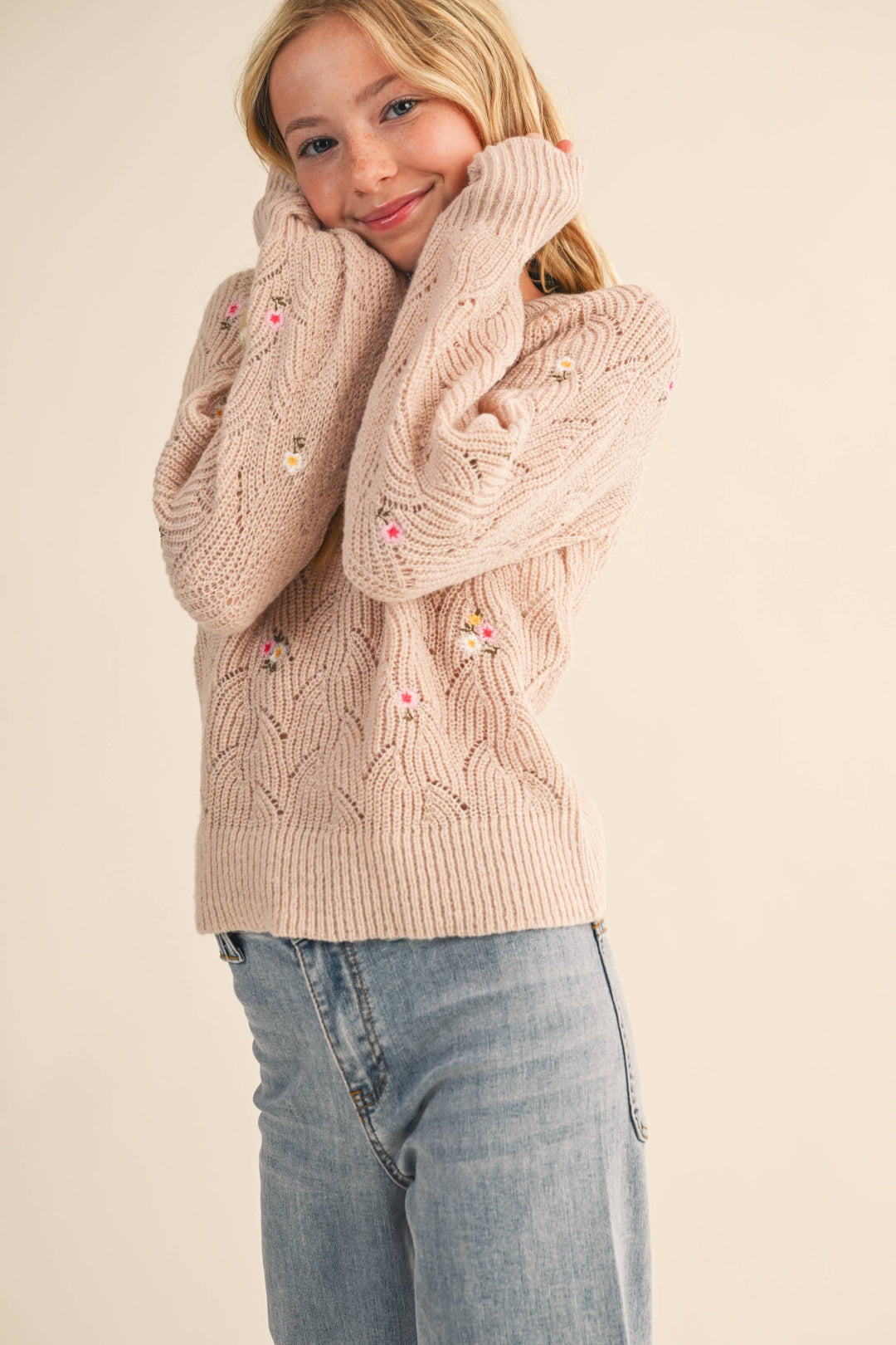 Heart And Arrow Embroidered Floral Pointelle Sweater