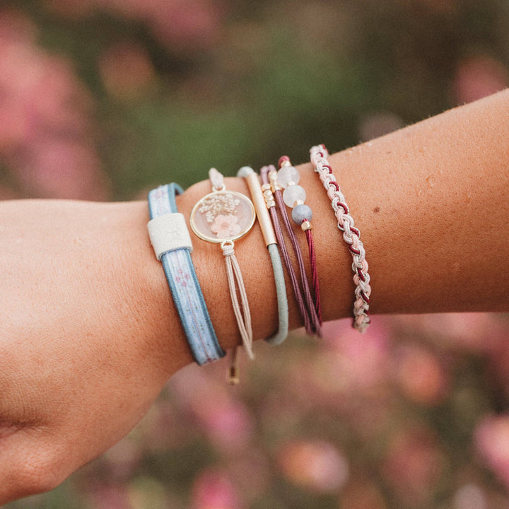 K'lani  "Bloom" Maroon and Pink with Pressed Flowers Hair Tie Bracelets
