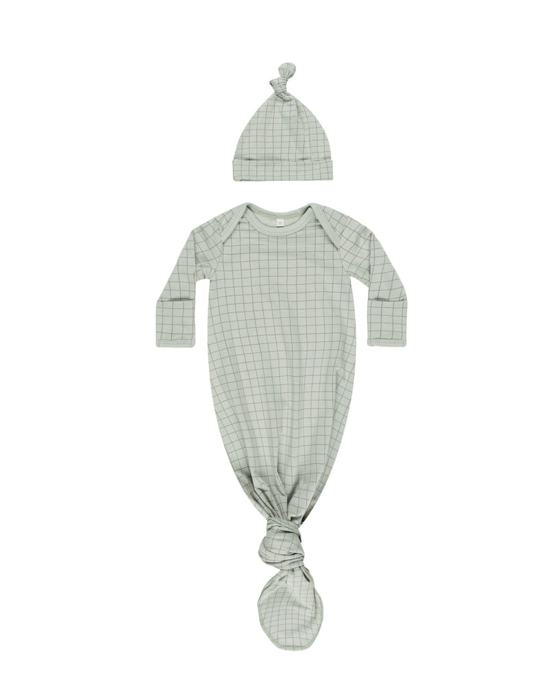 Quincy Mae Knotted Baby Gown + Hat Set - Sage Grid