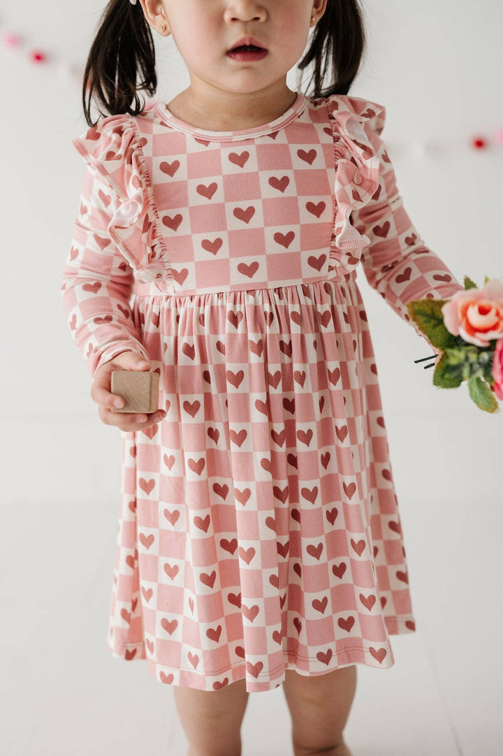 Babysprouts Checkered Hearts Long Sleeve Ruffle Dress