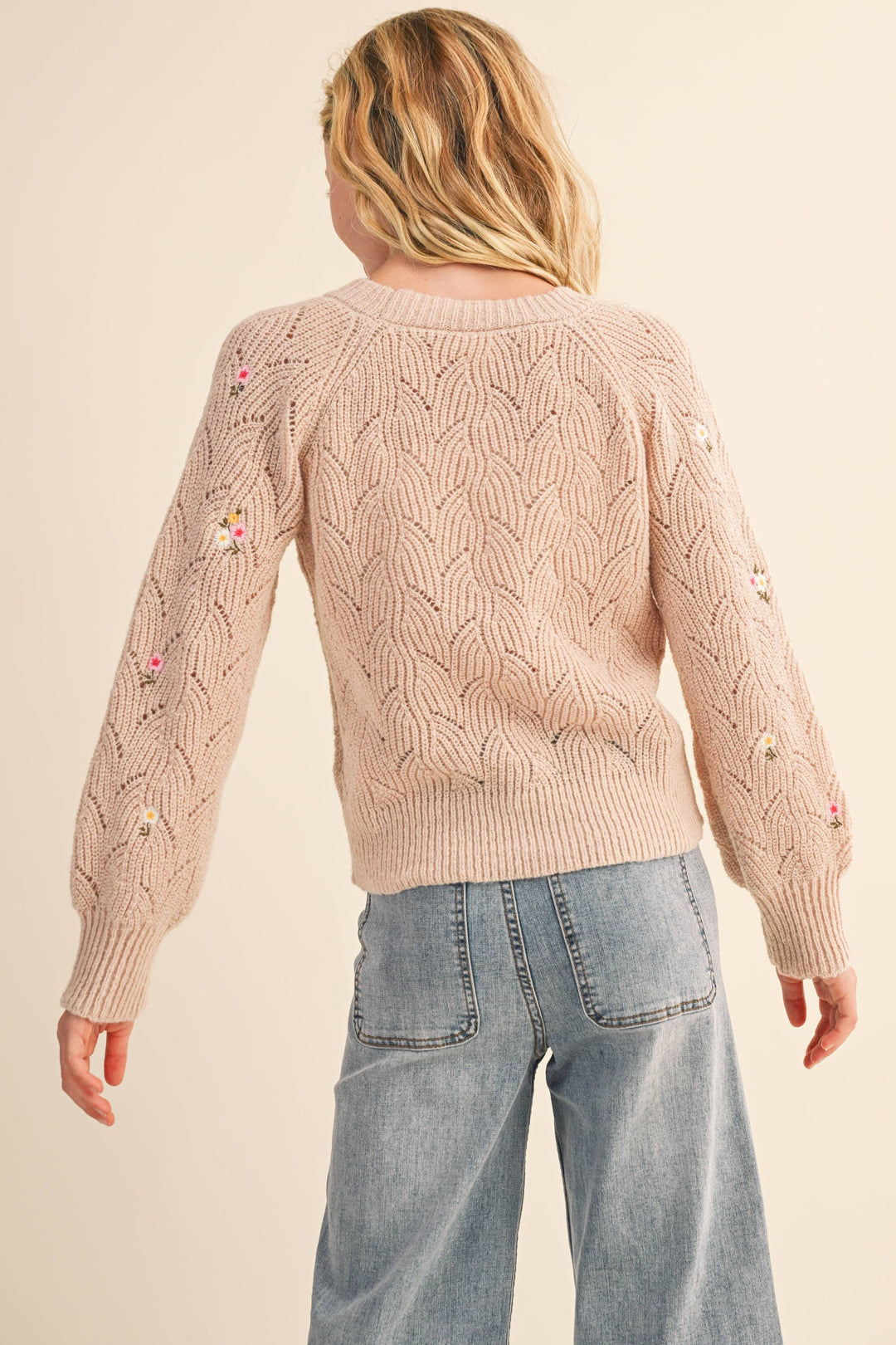 Heart And Arrow Embroidered Floral Pointelle Sweater