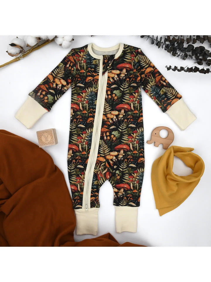 Earthy Organic 2 Way Zip Pajamas - Yarrow Mushrooms