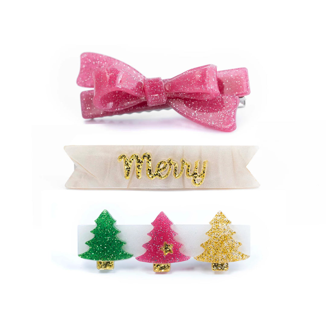 Lilies & Roses Glitter Bow Hair Clips - Merry Trees Vintage