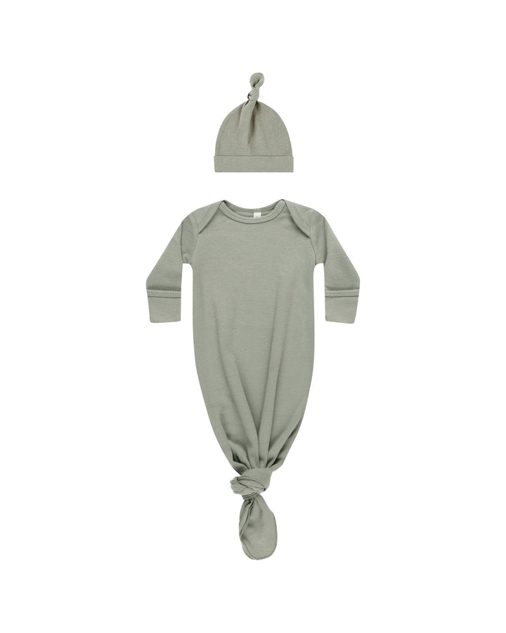 Quincy Mae Knotted Baby Gown + Hat Set - Basil