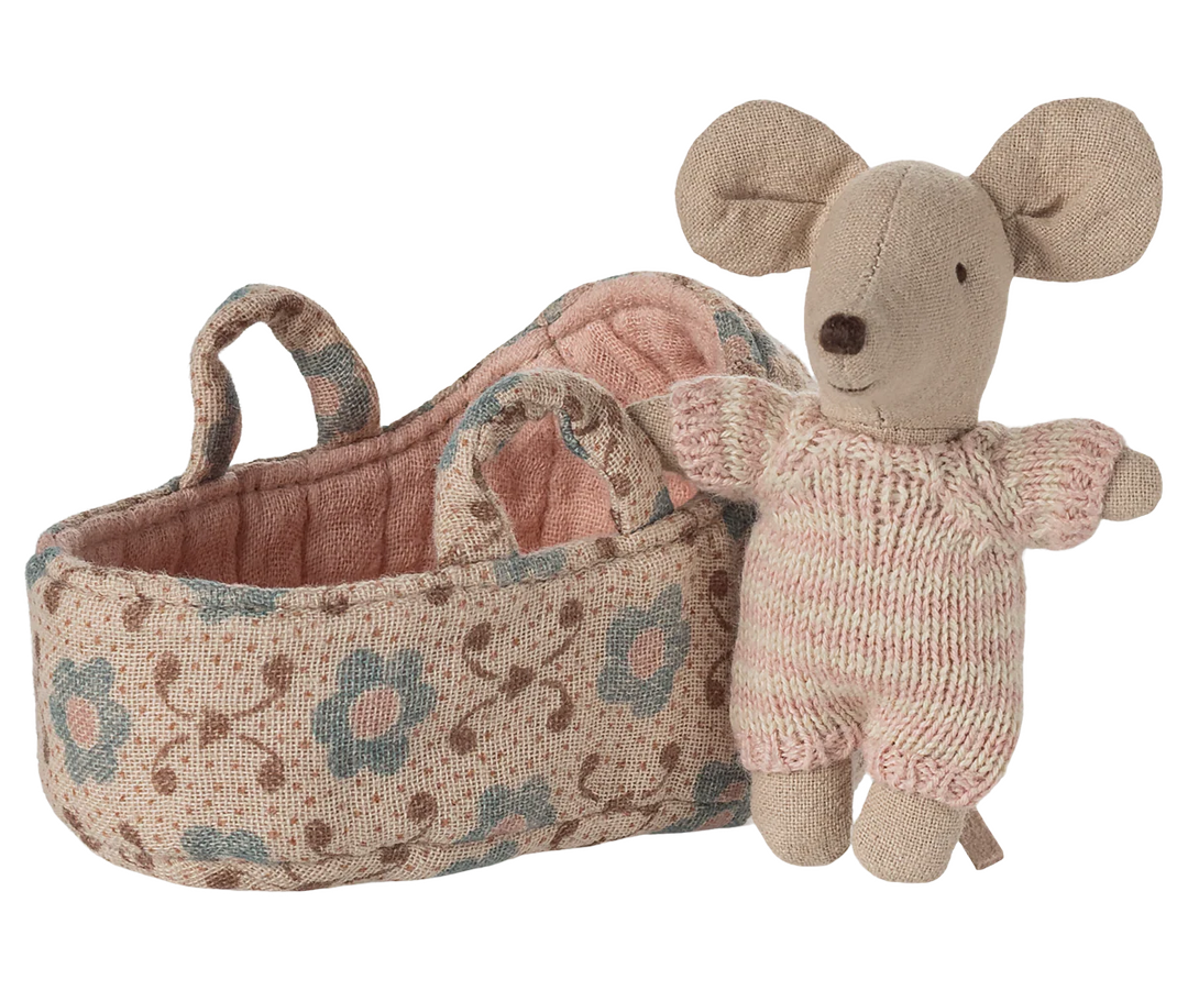 Maileg Baby Mouse In Carry Cot - Rose