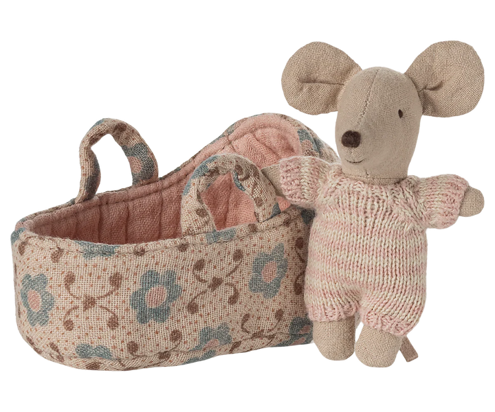 Maileg Baby Mouse In Carry Cot - Rose