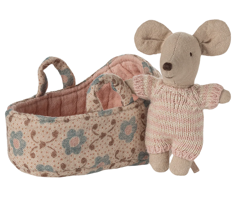 Maileg Baby Mouse In Carry Cot - Rose