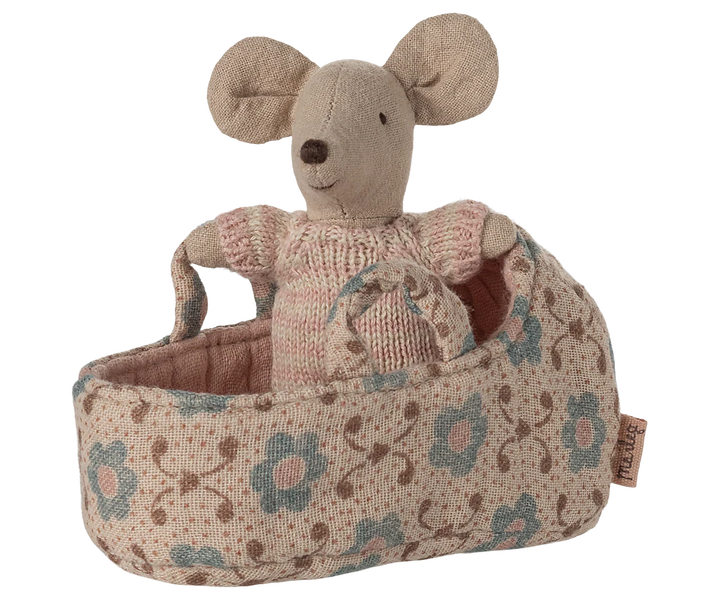 Maileg Baby Mouse In Carry Cot - Rose