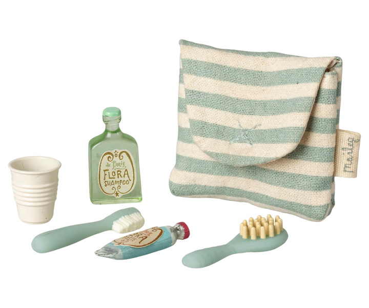 Maileg Tooth Brush Set in Bag, Mouse - Blue stripe