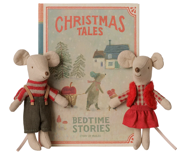 Maileg Christmas Twin Mice, Little Sister and Brother in Book