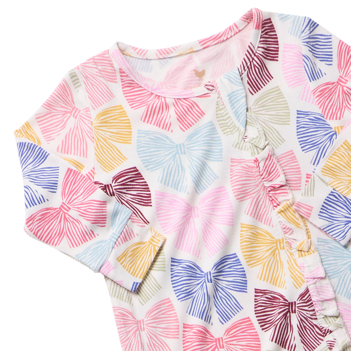 Pink Chicken Ruffle Bamboo Romper - Bright Multi Bows
