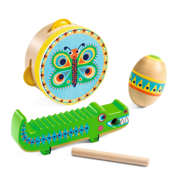 Djeco Animambo Tambourine, Maraca & Guiro Musical Instrument Set