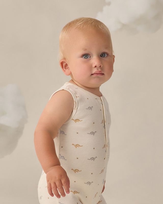 Quincy Mae Ribbed Henley Romper - Dinos