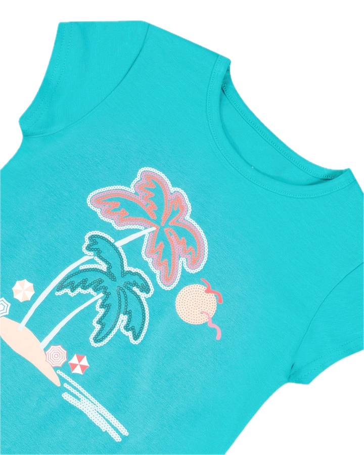 Deux Par Deux Organic Cotton Tee With Print Turquoise