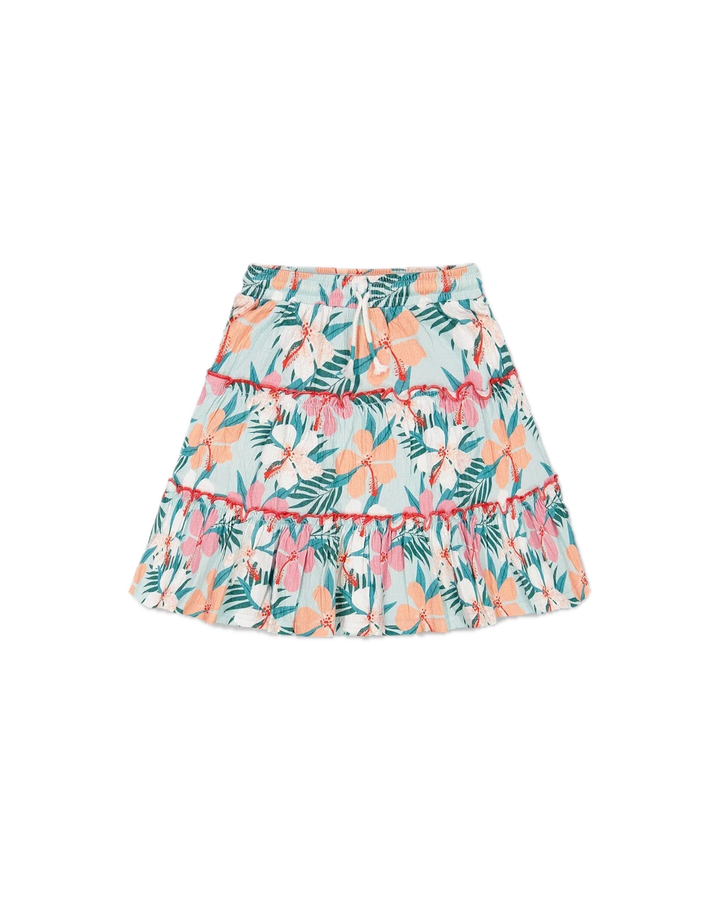 Deux Par Deux Long Crinkle Peasant Skirt Blue Printed Beach Hibiscus