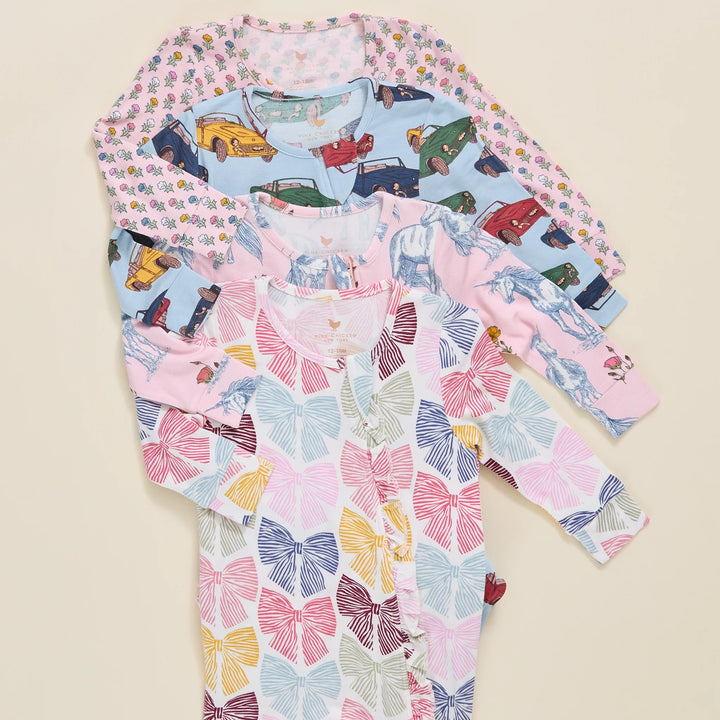 Pink Chicken Ruffle Bamboo Romper - Bright Multi Bows
