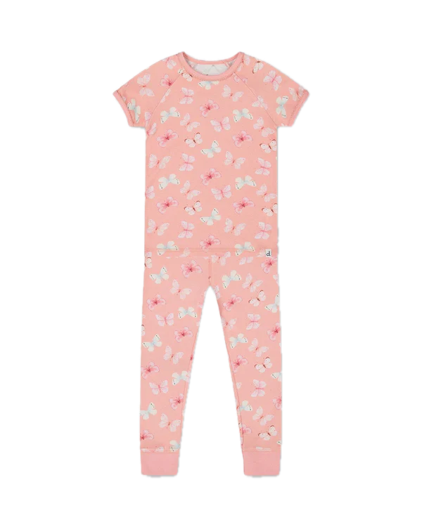 Deux Par Deux Organic Cotton Pajama Set - Pink Butterflies