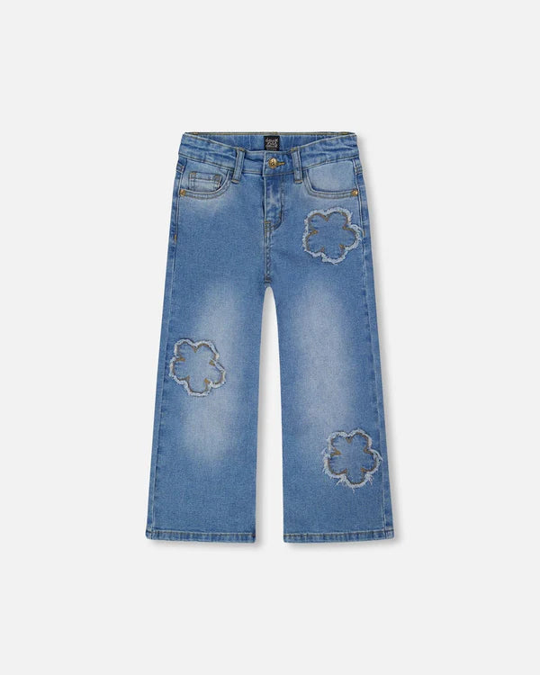 Deux Par Deux Wide Leg Stretch Jeans With Flower Stitching