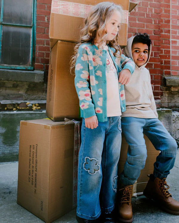 Deux Par Deux Wide Leg Stretch Jeans With Flower Stitching