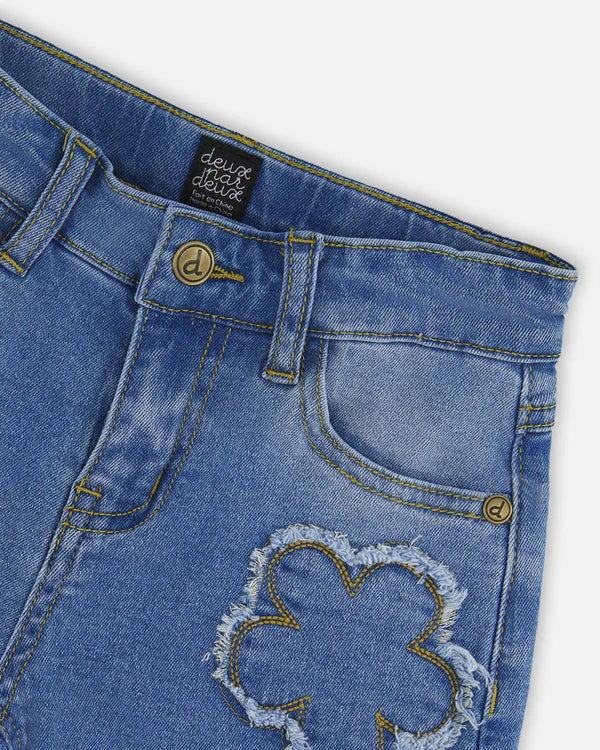 Deux Par Deux Wide Leg Stretch Jeans With Flower Stitching