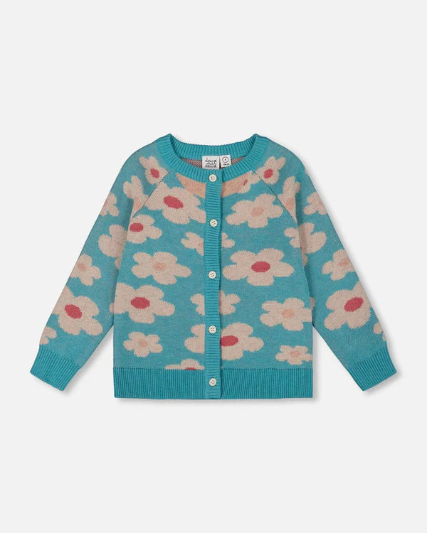 Deux Par Deux Button Front Blue Flower Cardigan