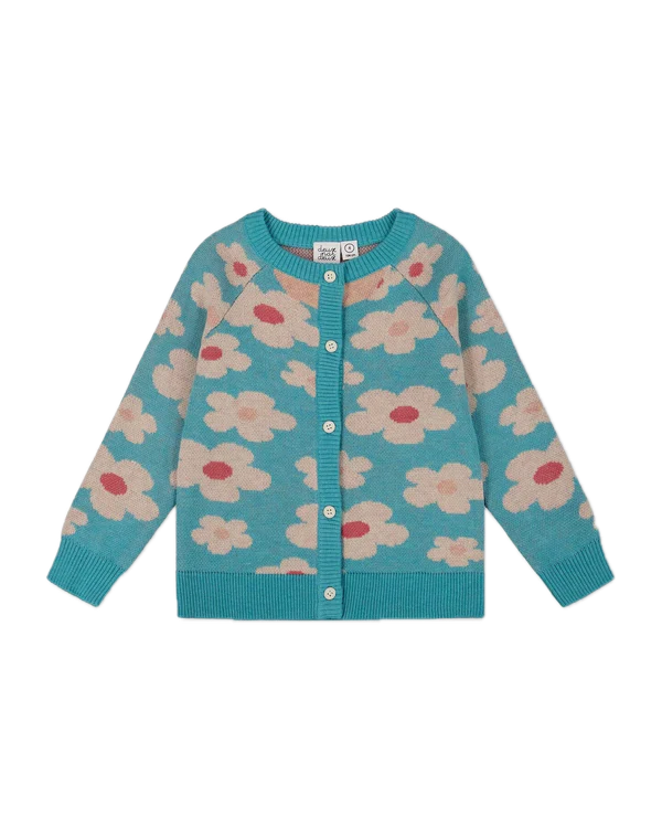 Deux Par Deux Button Front Blue Flower Cardigan