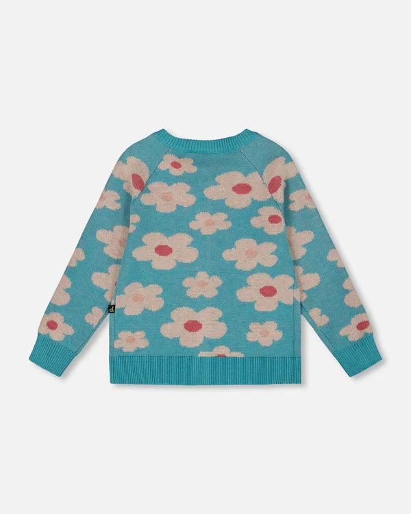 Deux Par Deux Button Front Blue Flower Cardigan