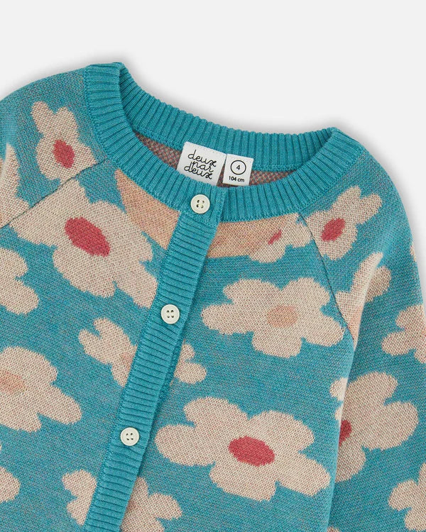 Deux Par Deux Button Front Blue Flower Cardigan
