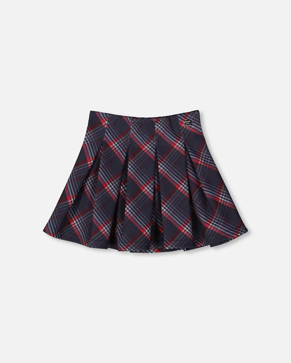 Deux Par Deux Navy Red Printed Plaid Skirt