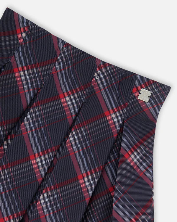 Deux Par Deux Navy Red Printed Plaid Skirt