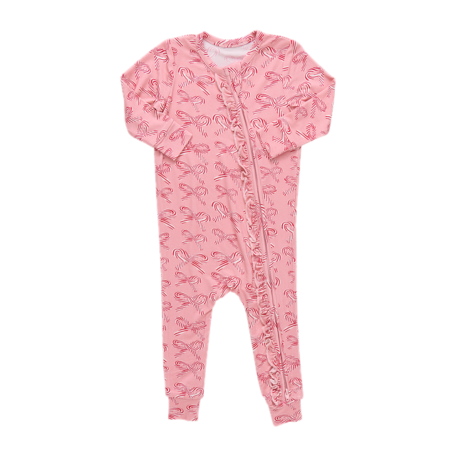 Pink Chicken Baby Ruffle Bamboo Romper - Candy Cane Bows