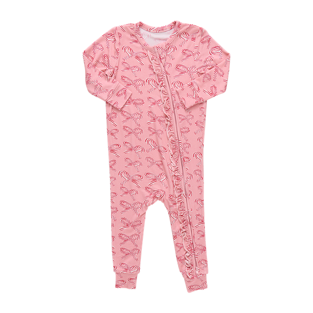 Pink Chicken Baby Ruffle Bamboo Romper - Candy Cane Bows