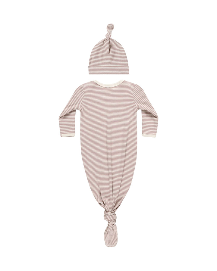 Quincy Mae Knotted Gown + Hat Set - Mauve Stripe