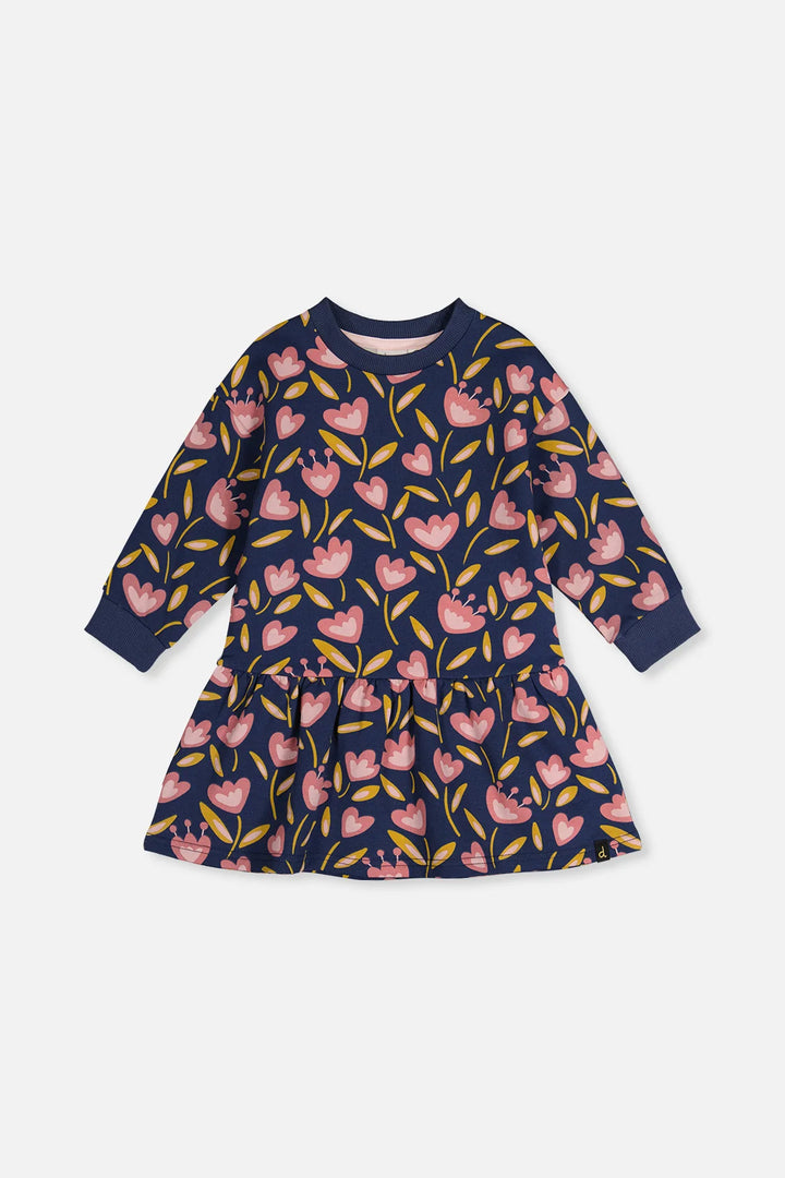 Deux Par Deux French Terry Dress - Blue Tulip Print