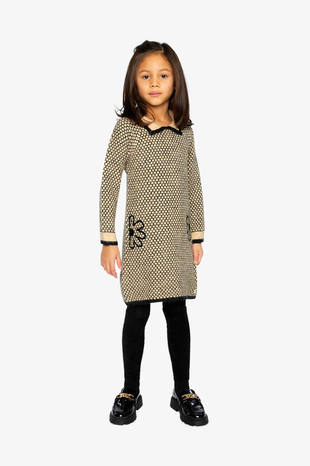 Deux Par Deux Knit Collared Dress - Beige/Black
