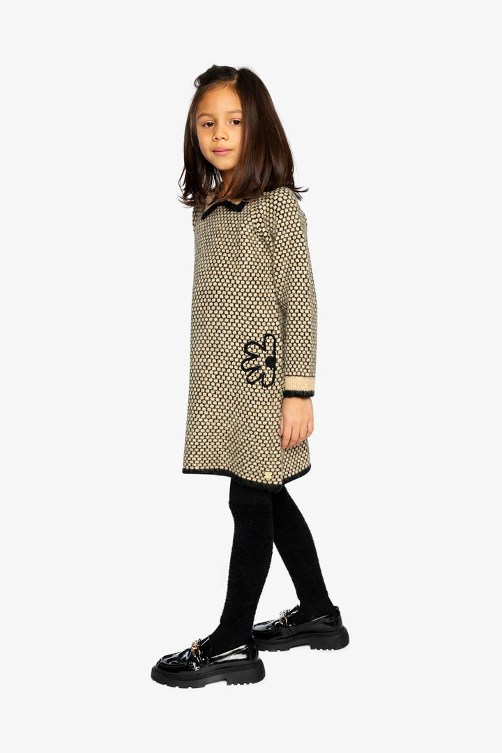 Deux Par Deux Knit Collared Dress - Beige/Black
