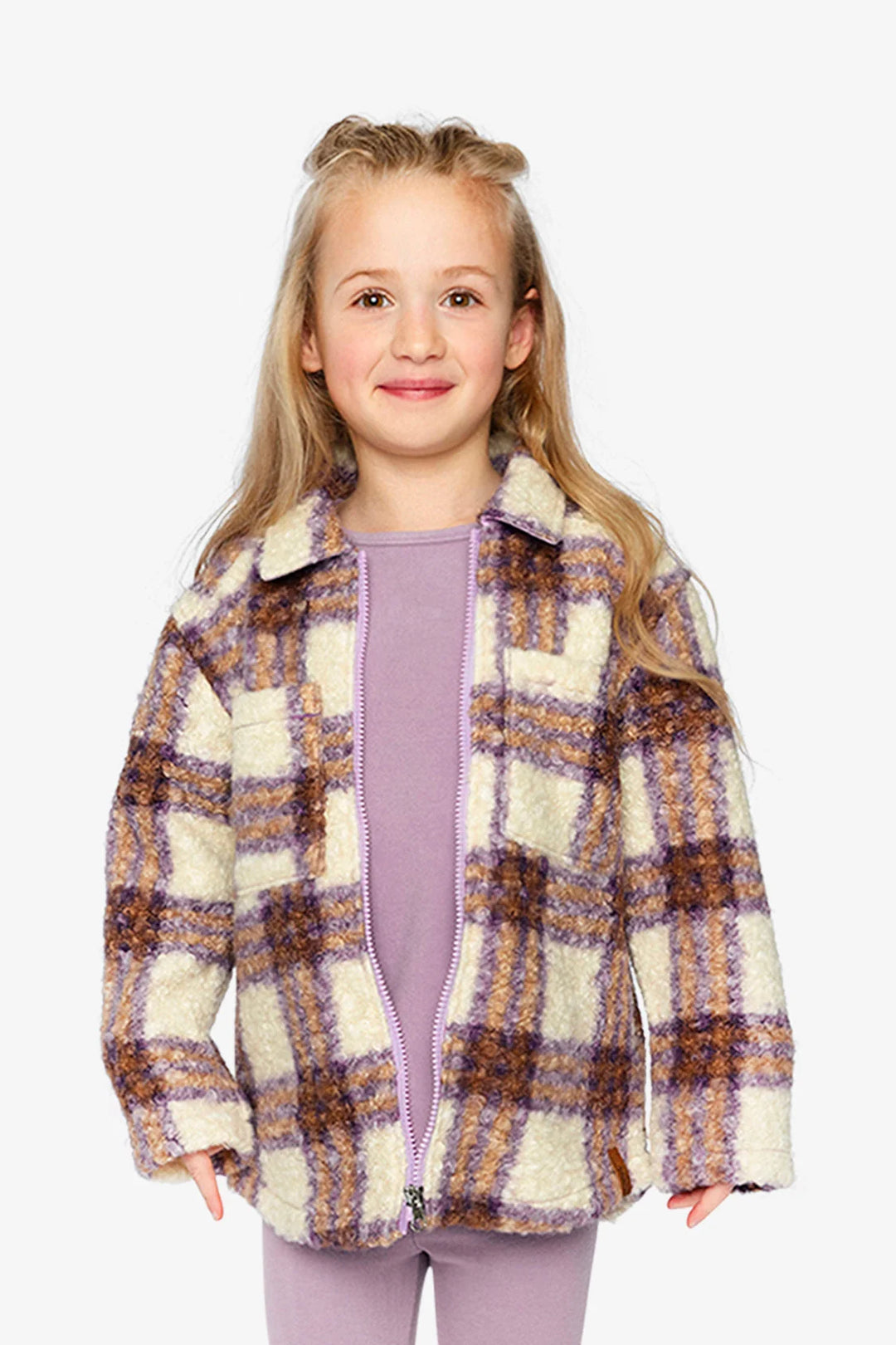 Deux Par Deux Zipped Sherpa Overshirt - Beige/Mauve Plaid