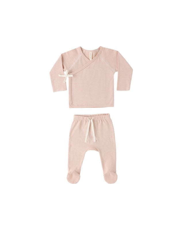 Quincy Mae Wrap Top + Footed Pant Set - Melon Micro Stripe
