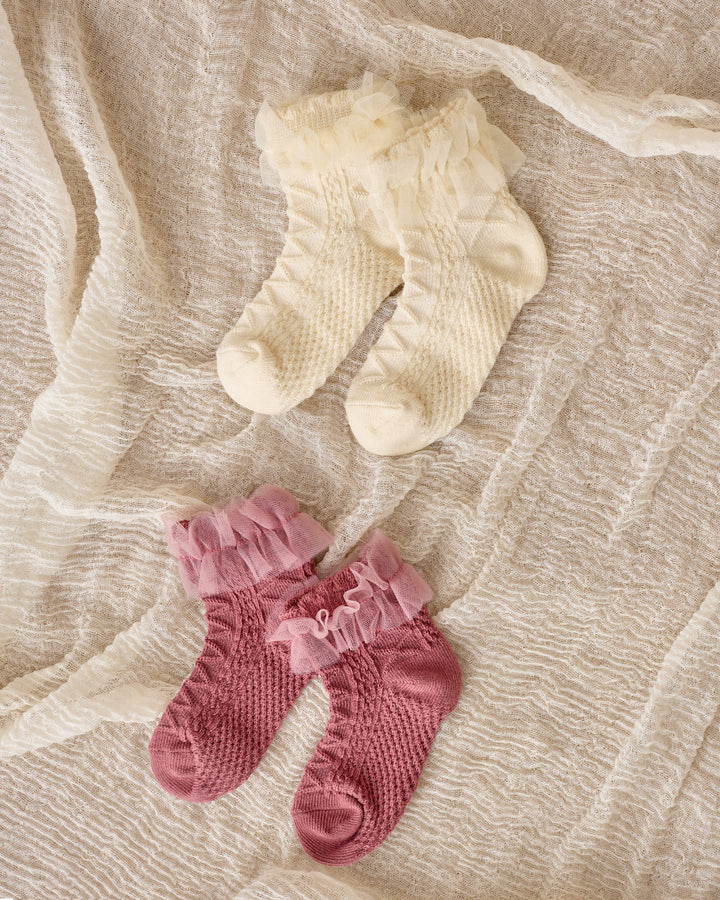 Noralee Ruffle Socks - Ivory/Raspberry