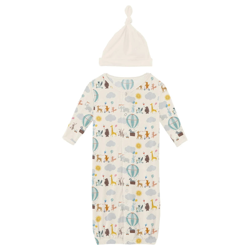 Kickee Pants Layette Gown Converter & Single Knot Hat Set - Natural Animal Parade