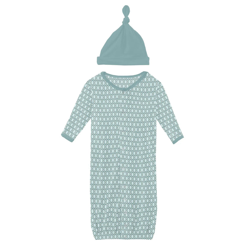 Kickee Pants Layette Gown Converter & Single Knot Hat Set - Jade Wavy Lattice