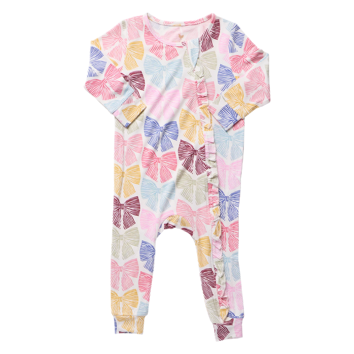 Pink Chicken Ruffle Bamboo Romper - Bright Multi Bows